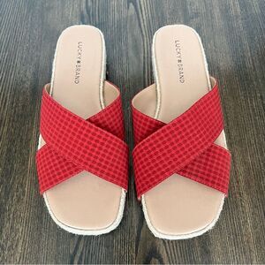 Lucky Brand Gayte Checked Seersucker Slide/Sandals-Garnet Women’s Sz 8.5